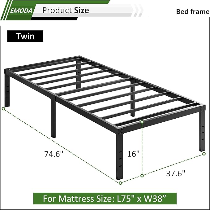 EMODA 16 Inch Heavy Duty Twin Bed Frame, Metal Platform Bed Frames No Box Spring Needed, Noise Free, Easy Assembly, Black