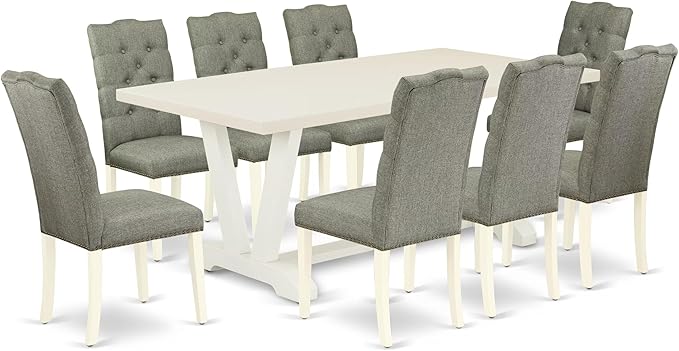 East West Furniture V027EL207-9 9 Piece Dining Room Set Includes a Rectangle Kitchen Table with V-Legs and 8 Gray Linen Fabric Upholstered Parson Chairs, 40x72 Inch, Multi-Color
