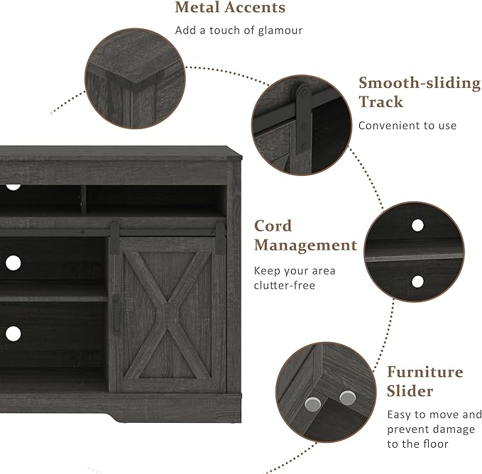 RoyalCraft Farmhouse TV Stand for 65+ Inch TV, 34'' Tall Entertainment Center with Sliding Barn Doors, Rustic Wood Media Console Storage Cabinet Television Stand for Living Room, Bedroom (Dark Grey)