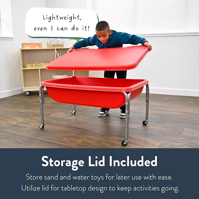 Children's Factory Medium Sensory Table – 18″ Height Table and Lid, Sandbox with Lid, Water Table for Kids, Red