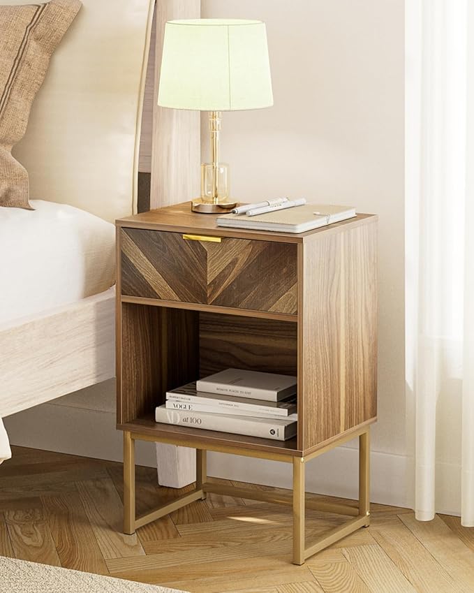 Nightstand, Boho Night Stand Wood Farmhouse Bedside Table with Storage, End Side Table for Bedroom,Living Room,Walnut