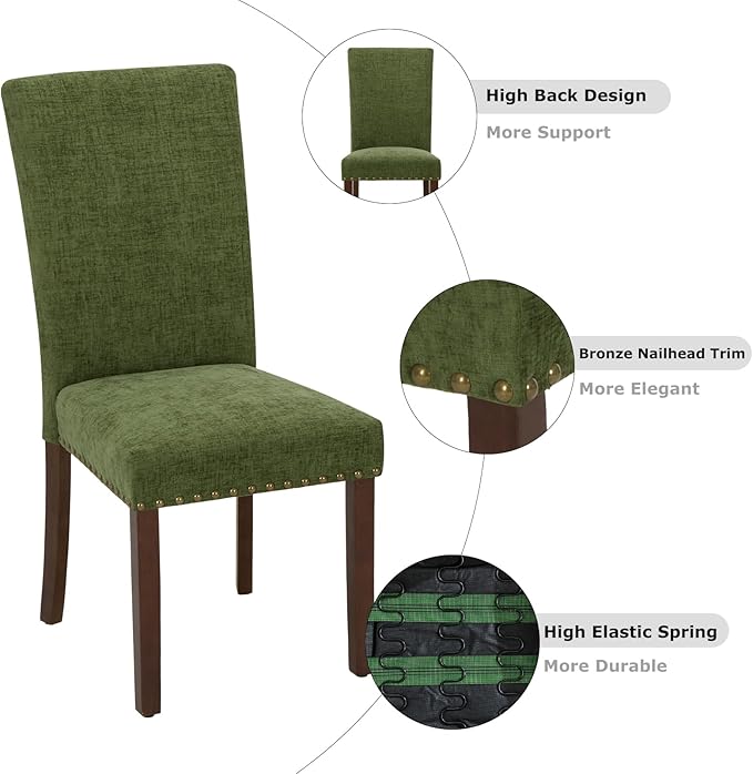COLAMY Upholstered Parsons Dining Chairs Set of 4, Fabric Dining Room Kitchen Side Chair with Nailhead Trim and Wood Legs - Green