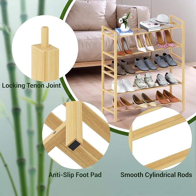 Haddockway Bamboo Shoe Rack for Closet, Free Standing Shoe Organizer with Smooth Round Rods & Convenient Handles, Stackable Shoe Storage Shelf for Entryway, Hallway(Natural, 5-Tier)