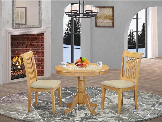 East West Furniture ANPO3-OAK-C 3 Piece Kitchen Table & Chairs Set Contains a Round Dining Room Table with Pedestal and 2 Linen Fabric Upholstered Chairs, 36x36 Inch, Oak
