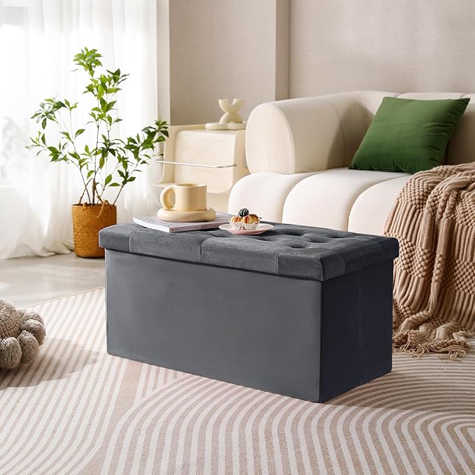 PRANDOM Extra Large Ottoman with Storage [1-Pack] Velvet Folding Small Square Foot Stool with Lid for Living Room Bedroom Coffee Table Dorm Dark Grey 30.5x15x15 inches