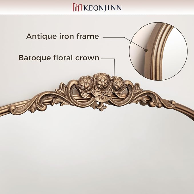 Keonjinn Gold Vintage Mirror 30" x 36", Antique Brass Mirrors for Wall Decor, Arched Decorative Mirror for Mantle, Hallway, Living Room, Fireplace, Bedroom, Bathroom Mirror with French Cleat Mounting