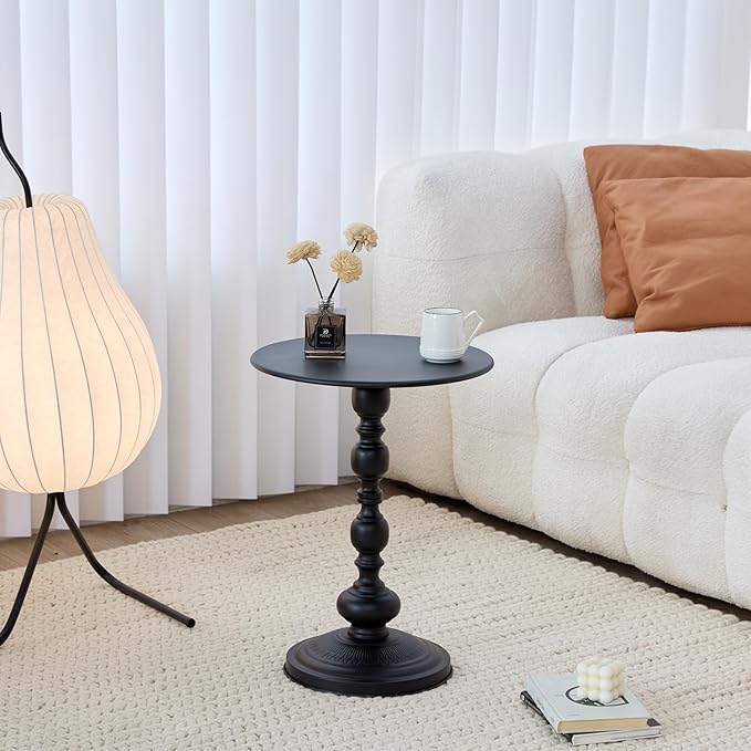 Chic Vintage Round Side Table with Elegant Roman Columns - Sturdy Metal Construction, Perfect for Coffee, End, Tea, or Leisure Use in Living Room or Bedroom Decor (Black Black 1 Pack)
