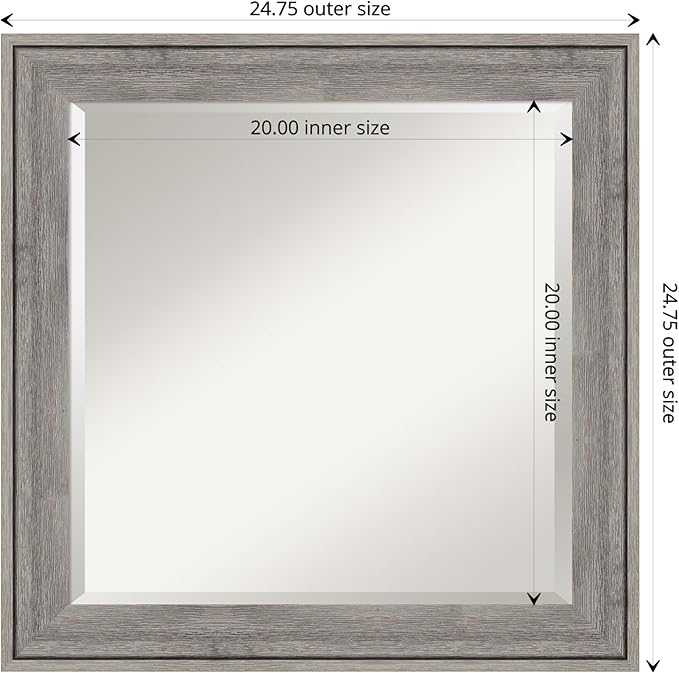 Amanti Art Grey Wall Mirror 25x25 Regis Barnwood Grey Square Bathroom Mirror for Wall Decor Living Room, Medium Rustic Farmhouse Wood Frame, Hangs Horizonally and Vertically, Bathroom Decor, Beveled