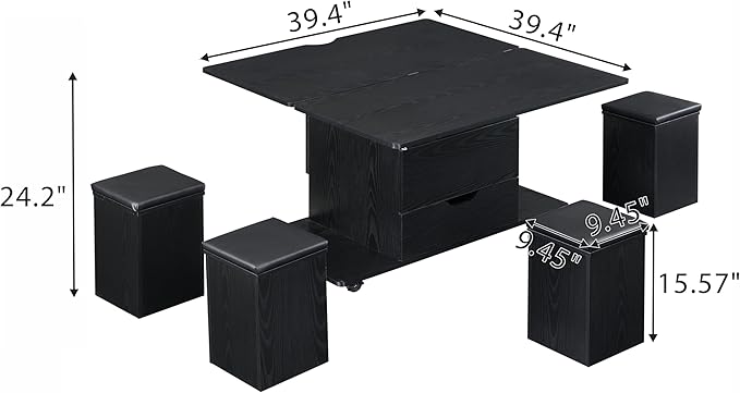 Merax Multi-Functional Lift-Top Coffee Table with Hidden Storage and Stools,Multi-Function Modern Center Table with 4 Stools and Casters,Perfect for Modern Living Spaces, Black