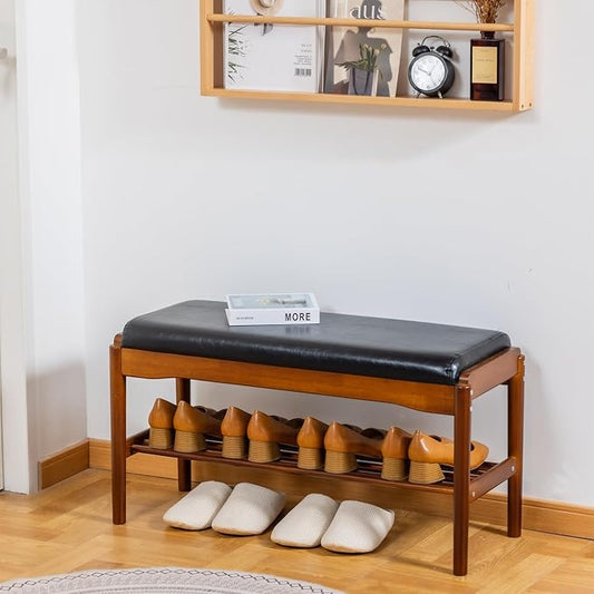 Shoe Bench, Entryway Bench, Wood 2-Tier Shoe Rack with Cushion Padded Seat Shoe Organizer (31.5",Black)