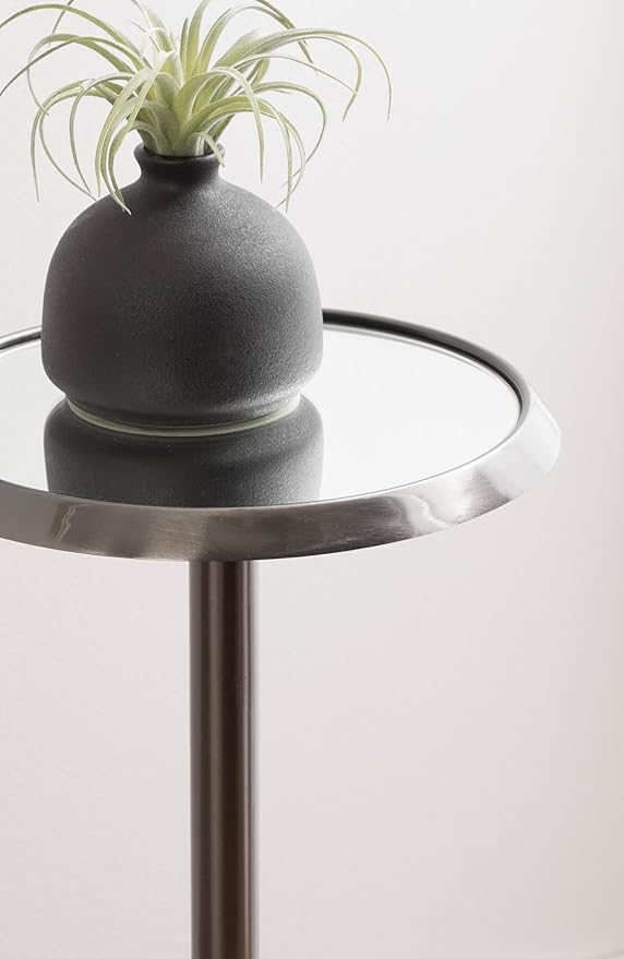 Kate and Laurel Sanzo Modern Pedestal Drink Table, 10 x 10 x 23, Gray Gunmetal, Decorative End Table with Mirrored Tabletop for Use as Small Plant Stand or Cute Martini Table