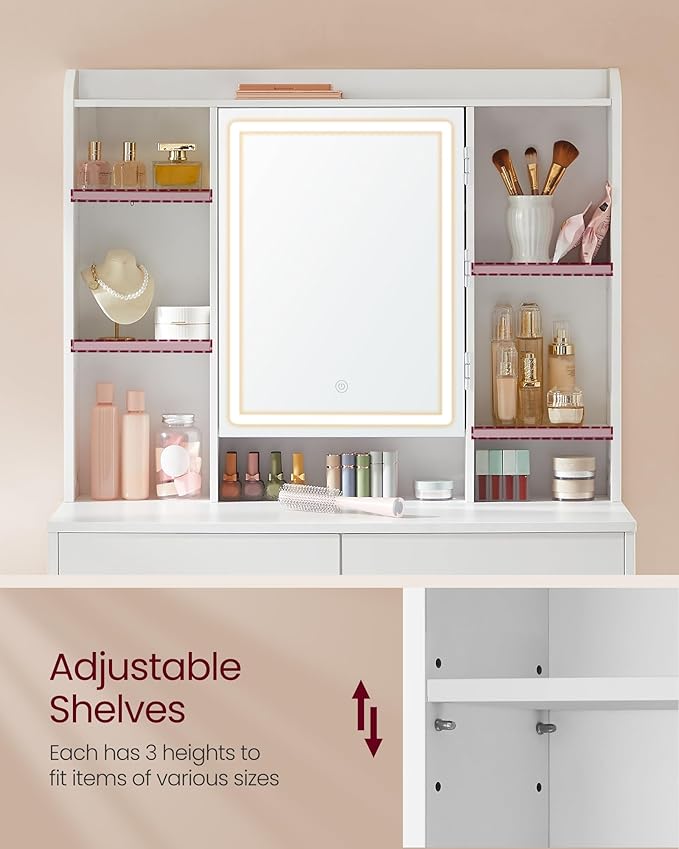 VASAGLE Vanity Desk with Mirror and Lights, Makeup Vanity with Upholstered Vanity Stool, Dimmable LED Lights, Adjustable Shelves, 7 Compartments, 2 Drawers, for Bedroom, Cloud White URDT131W01