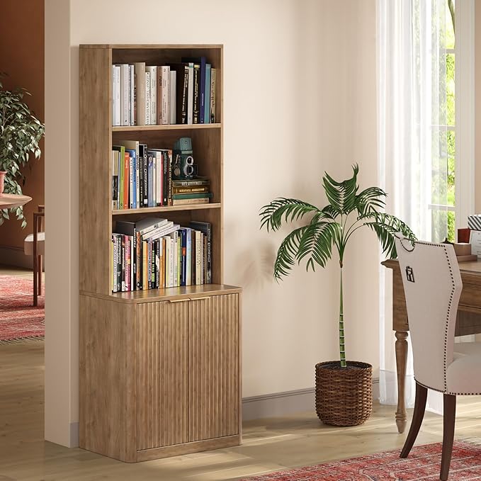 71" Oak Bookcase with Doors, 5-Tier Fluted Tall Bookshelf with Storage, Librero with Cabinet for Home Office, Living Room,or Bedroom
