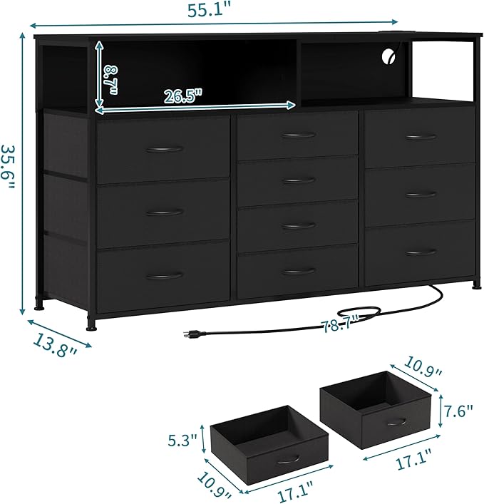 55W 10-Drawers Dresser with 2 Open Storage Shelves, TV Stand Dresser for 55,65 inch TV，with Power Outlets and LED Lights, Fabric Dressers Drawers for Bedroom, Living Room (Black)