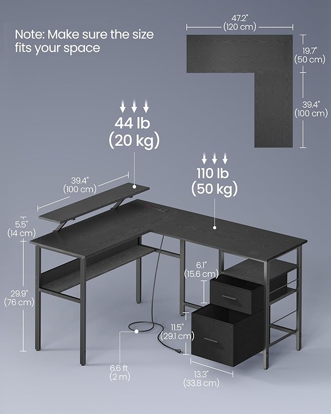 VASAGLE L-Shaped Desk with Power Outlets, Computer Desk with Monitor Stand, Corner Desk, Gaming Desk with LED Lights, 2 Drawers, Easy to Assemble, for Home Office, Ebony Black ULWD095B56