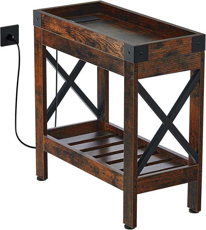 Narrow Side Table, Slim End Table with Charging Station for Small Spaces, with 2 USB and 2 Power Outlets, 21.7" L x 10" W x 21.7" H