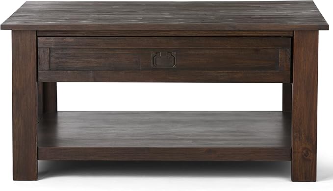 SIMPLIHOME Monroe Square Coffee Table - 38 inch Wide Solid Acacia Wood Living Room Table in Distressed Charcoal Brown, Rustic Cocktail Table for Family Room or Lounge with 2 Drawers and Open Shelf