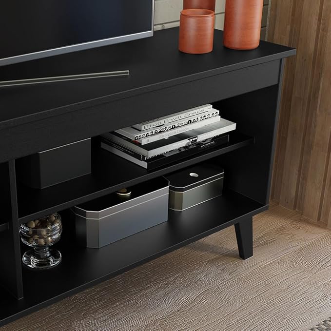 Madesa TV Stand Unit with 4 Shelves and Cable Management for 55, 65 Inch Media 1 Storage Gaming Media Console Living Room and Bedroom Entertainment Center Modern Wooden Television Cabinet - Black
