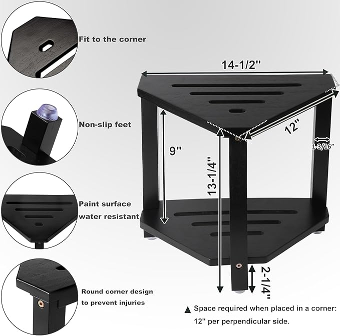 IBosins Corner Shower Stool with Storage Shelf Shower Foot Rest for Shaving Legs Small Bench for Inside Shower to Sit on Bath Seat - Acacia Wood, Black