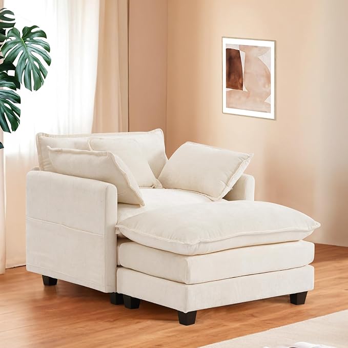 Furniliving Oversized Accent Chair with Ottoman, Luxury Chenille Single Sofa, Upholstered Deep Seat Chaise Lounge with Pillows for Living Room, Bedroom, Apartment, Beige