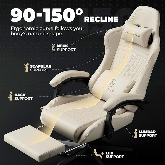 GTPLAYER ACE-PRO Music Gaming Chairs – Built-in Speakers, App Support & Bluetooth Control, Footrest & Pocket, Gamer Chair for Adults, Ivory