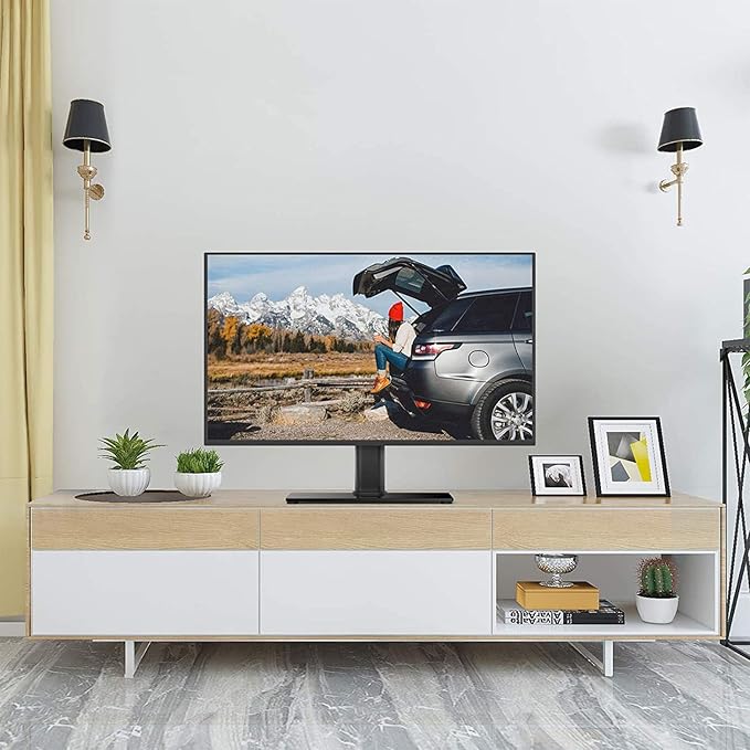 Suptek Universal Table Top TV Stand, Pedestal TV Stand for 17-55 inch Screens, Height Adjustable TV Base Stand with Tempered Glass Base and Wire Management, Holds up to 40kg, VESA 75/400mm, TS001-02