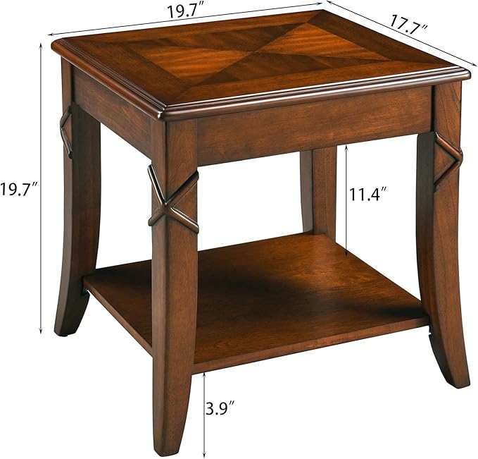 Mid-Century Modern Coffee Table Set of 3, 3-Piece Solid Wood Living Room Table Set, Coffee Table with 2 Square End Side Tables, Cherry Walnut Home Furniture for Apartment KFZ-DR200-3