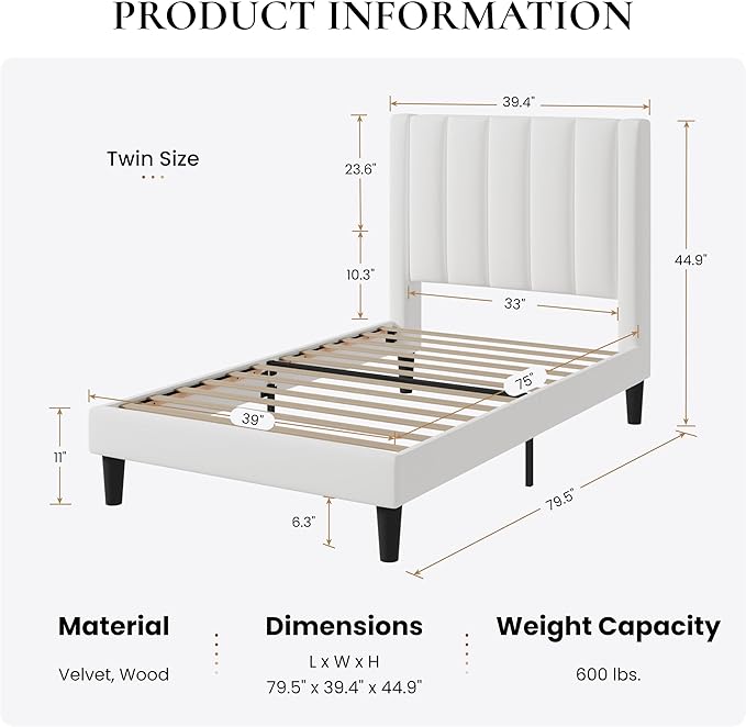 SHA CERLIN Twin Bed Frame/Velvet Upholstered Platform Bed Frame with Headboard/Strong Wood Slats Support/Mattress Foundation/No Box Spring Needed/Easy Assembly/White
