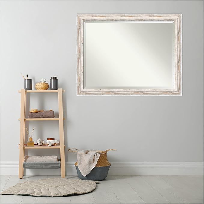 Amanti Art White Bathroom Mirror for Over Sink, 35x45 Alexandria White Wash Rectangle Vanity Mirror, X-Large Coastal Wood Frame, Hangs Horizonally and Vertically, Bathroom Wall Decor, Beveled Edge