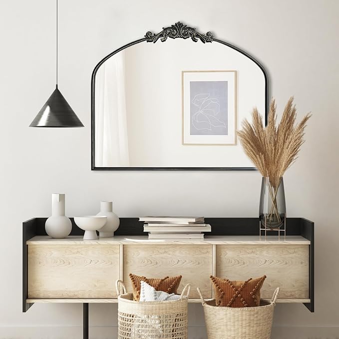 WAMIRRO Ornate Black Mirror,Vintage Arched Baroque Antique Mirorrs for Living Room Hallway Fireplace Bathroom Entryway 36"X30"