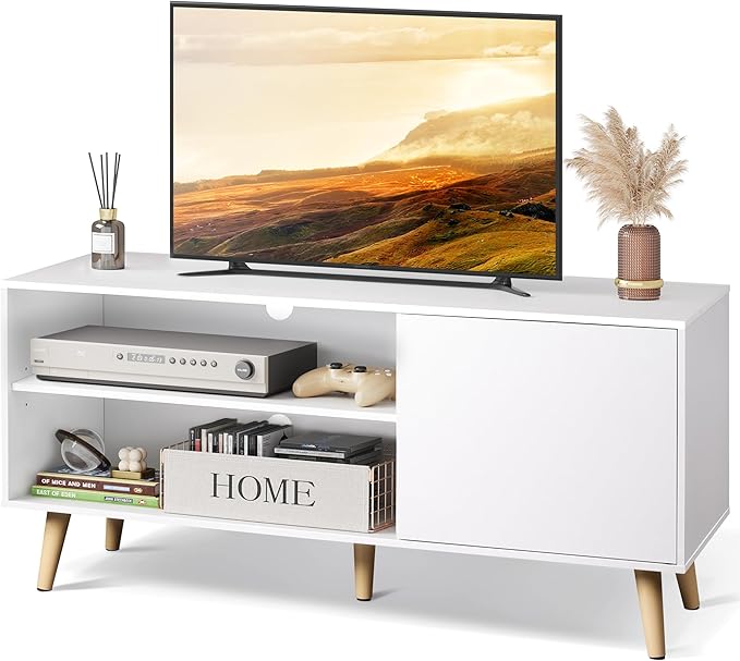 WLIVE TV Stand for 55 Inch TVs, Entertainment Center with Storage Cabinet, Mid-Century TV Stands for Living Room and Bedroom, 50" TV Console, White