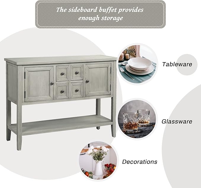 Merax Modern Wood Buffet Table with Storage Shelf, 2 Drawers and 2 Cabinets Buffet Coffee Bar Cabinet for Living Room Dinning Room Kitchen (Antique Gray)