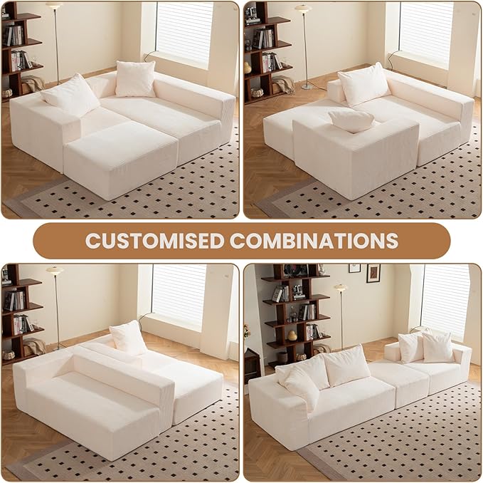 Modular Sectional Sofa, 108" L-Shaped Boneless Couch with Deep Seat, Corduroy Cloud Couch for Living Room, Bedroom, No Assembly Required, Ship in a Box, Beige
