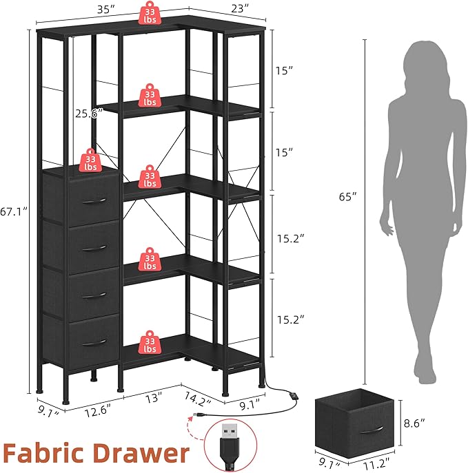Corner Bookshelf with LED Light Strips & 4 Fabric Drawers, 5-Tier Convertible Corner Shelf with Display Shelf, Large Wood Industrial Bookcase for Living Room, Bedroom, Home Office, Black