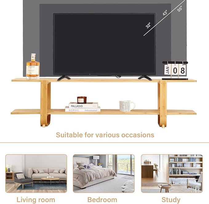 Tiita Bamboo TV Stand for 55 Inch TV, Entertainment Center with 2 Open Shelf, Mid Century Modern Media Console for Living Room, Bedroom, Wood
