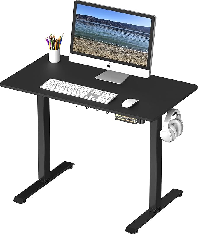 SHW 40 x 22 Inches Electric Height Adjustable Sit to Stand Desk with Hanging Hooks and Cable Management, Black Frame and Black Top