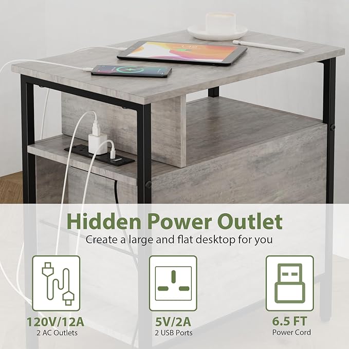 End Table with Charging Station, Narrow Side Table with 2 Fabric Drawer & Storage Shelf, USB Ports & Power Outlets, Narrow Nightstand for Bedroom Living Room Small Spaces, Greige