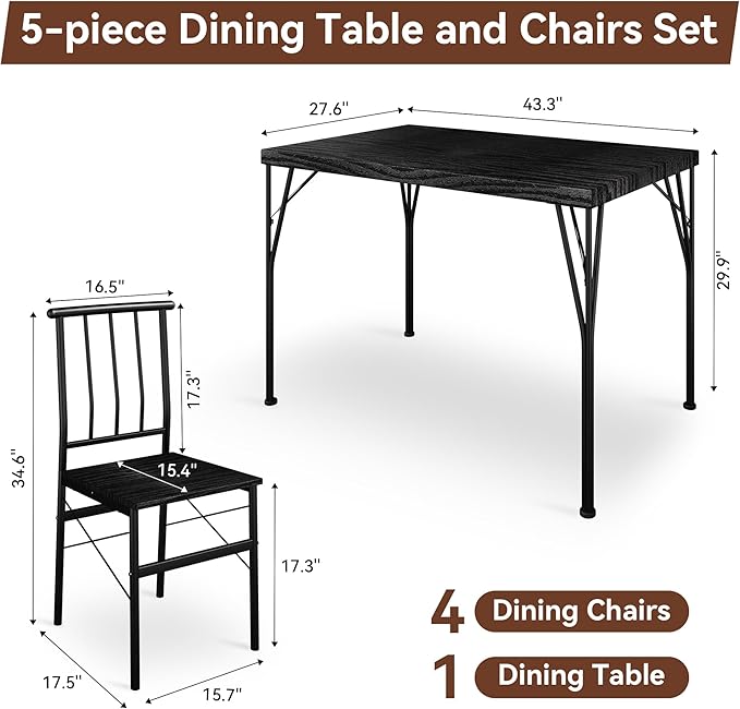 Vipbear Kitchen Dining Table Set for 4, 5-Piece Kitchen Table Set with 1.6“ Thick Tabletop,Dining Room Table Sets,Kitchen Table Set with 4 Chairs for Small Space, Dinette,Apartment,Retro Black