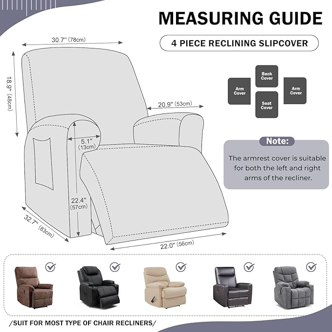 vctops 4 Pieces Geometric Jacquard Plush Recliner Slipcovers Soft Fuzzy Fluffy Sofa Couch Cover Anti-Slip Furniture Protector with Elastic Bottom for Kids Cats Dogs(Grey,1 Seat)