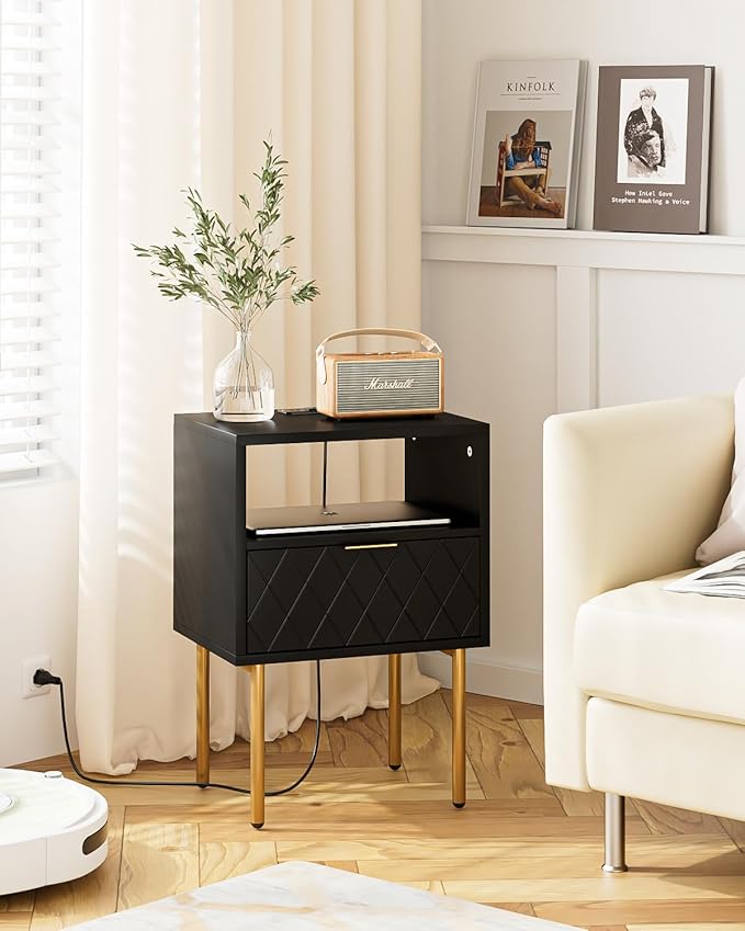 Nightstand,Small Bedside Table with Gold Frame,Morden Night Stand with 2 Drawer,End Table,Side Table with Drawer and Shelf for Bedroom,Living Room (Black-Diamond-Outlet)