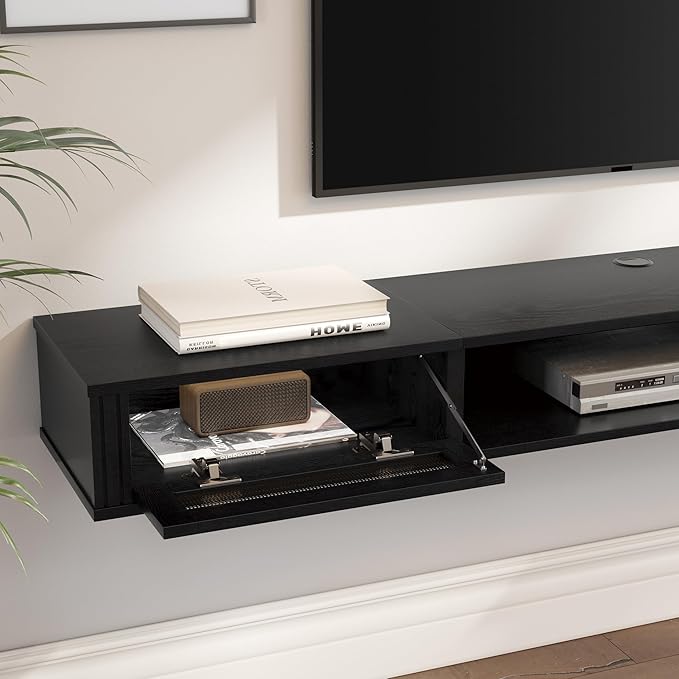 WAMPAT Floating TV Stand Shelf with Power Outlet, Mid Century Modern Wall Mount Shelf for TVs up to 80",Media Console TV Cabinet with 2 Rattan Doors