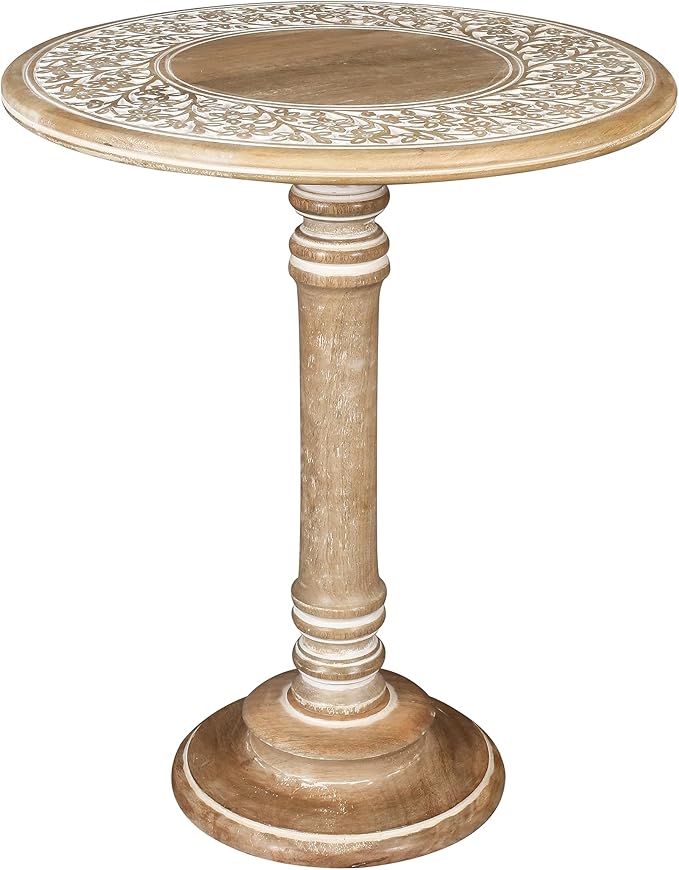 Lightnpro Handcrafted Wooden Single Pillar Table - Small Accent Side End Table, Bedside Nightstand, Entryway, Living Room - Vintage Desk for Books, Plants & Décor - 18x22 Inch, Distressed White