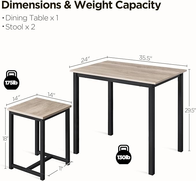 Yaheetech 3 Piece Dining Table Set - Kitchen Table & Chair Sets for 2 - Compact Table w/ 2 Stools & Space Saving Design for Dining Room Living Room Kitchen, Gray