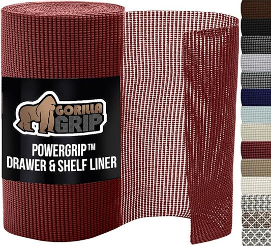 GORILLA GRIP powerGRIP Drawer Shelf and Cabinet Liner, Thick Strong Hold, Non-Adhesive Liners Protect Kitchen Cabinets and Cupboard, Bathroom Drawers, Easy Install, Breathable Mat, 17.5" x20', Red
