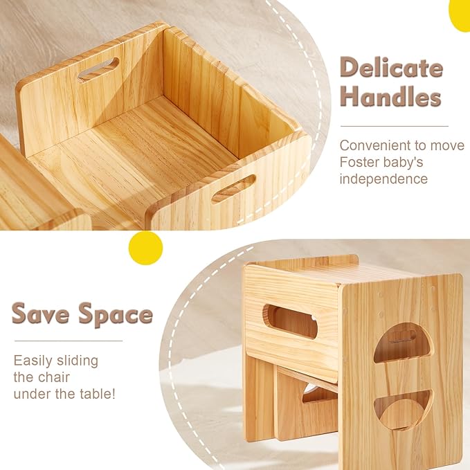 FUNLIO Height Adjustable Montessori Table and Chair Set for Age 1-3, Solid Wood Toddler Table and Chair Set, Weaning Baby Table Chair Set for Reading/Eating/Playing, Easy to Assemble - Natural