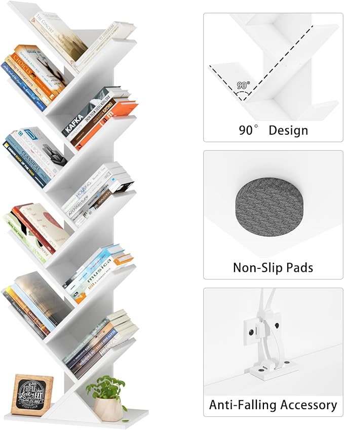 10 Tier Tree Book Shelf, Floor Standing Wood Bookshelf for Narrow Space, Storage Organizer Bookshelves for Books/CDs/Magazine, Bookcase with Shelves for Home Office, Living Room - White