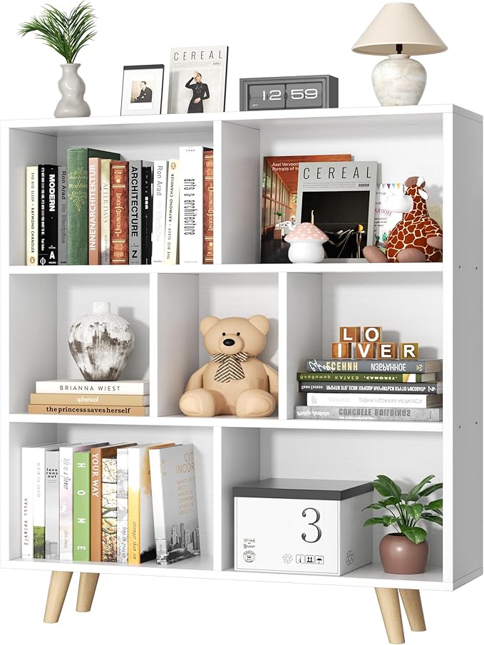 Shintenchi Cube Storage Organizer, 3 Tier Mid-Century Bookcase with Legs Cubeicals Retro Wood Organizer Storage Bookcase, Freestanding Open Book Shelves for Bedroom,Living Room,Office(White)