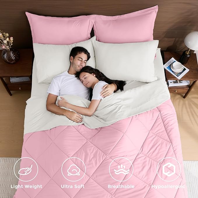 HEVUMYI Twin Comforter Set - 5-Piece All Season Bed in a Bag Twin, Ultra Soft Bedding Set with Comforter, Flat Sheet, Fitted Sheet, Pillowcases, Pillow Shams, Pink & Ivory