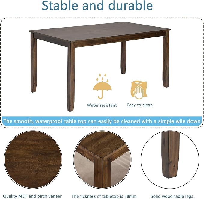 KEIKI 5-Piece Standard Height Dining Table Set with Rectangular Table and 4 Upholstered Ladder Backrset Chair, for 4 Person, Modern Wooden Table Set, Easy Assembly, for Kitchen, Dining Room, Walnut