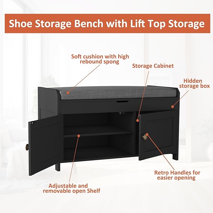 HOMEFORT 30" Shoe Bench with Lift Top Storage, Entryway Bench with Cushioned Seat, Wooden End of Bed Bench, Shoe Cabinet Bench with Hidden Storage Space, for Bedroom, Hallway,Black